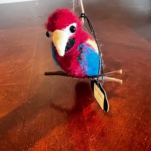 Felt Parrot Hanging Ornament - Red Blue & Yellow Wooden Perch - Picture 7 of 7